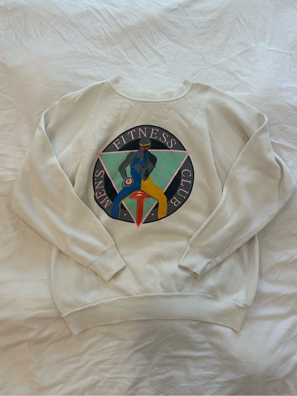 Vintage Style White Sweatshirt with Colorful Fitness Club Graphic